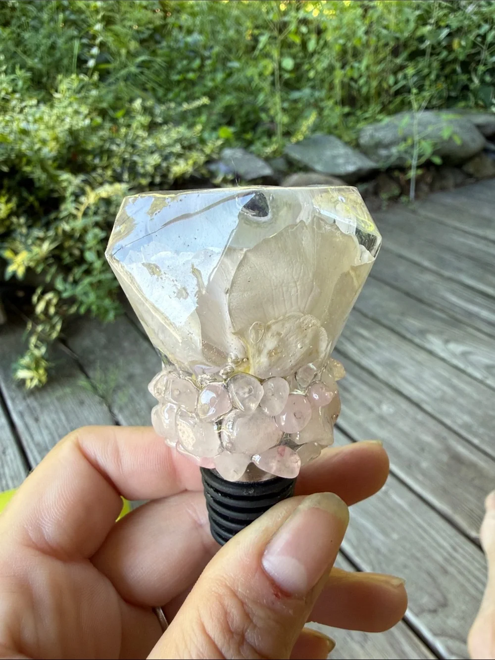 Resin rose bloom Wine Bottle Stoppers with Rose Quartz Accent